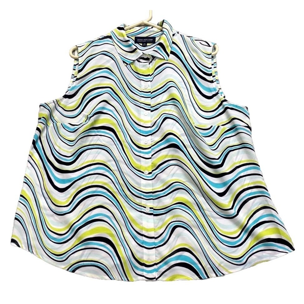 Jones New York Blouse Top Womens 16W Multicolor Wavy Stripes Button Up Casual